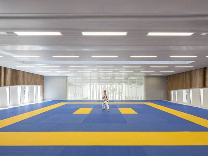 Application de laque brillante dans une salle de gymnase à Marseille